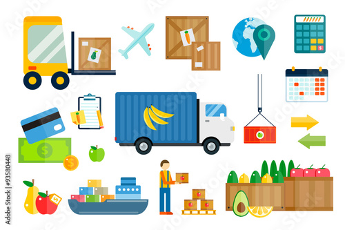 Import export fruits and vegetables delivery vector icons set