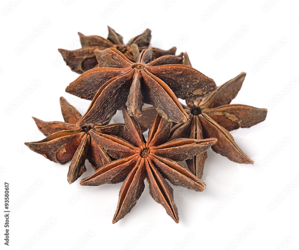 Star anise spice fruits and seeds isolated on white background Star anise spice fruits and seeds isolated on white background