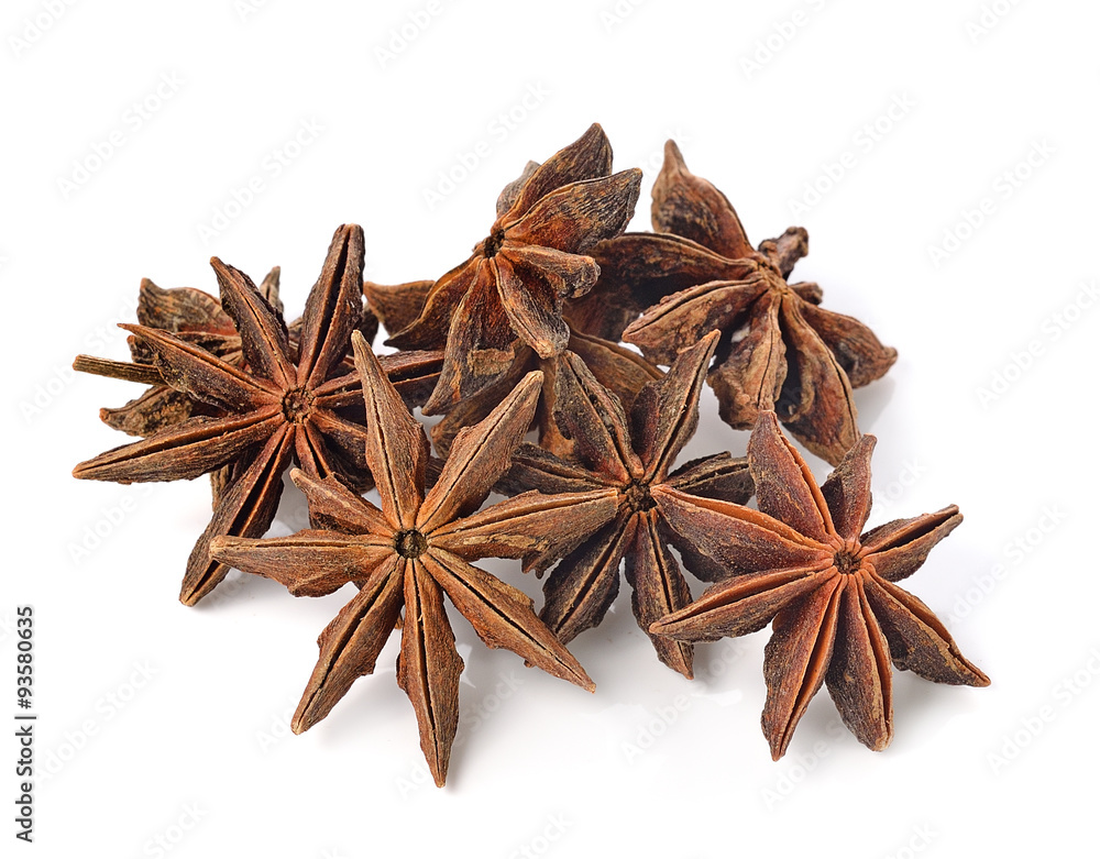 Star anise spice fruits and seeds isolated on white background Star anise spice fruits and seeds isolated on white background