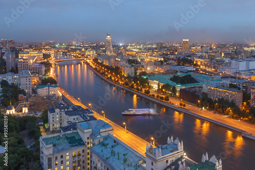 The evening city of Moscow from a tall building on the embankment of the river