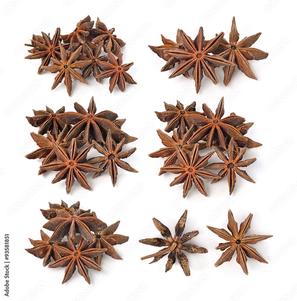 Star anise spice fruits and seeds isolated on white background Star anise spice fruits and seeds isolated on white background