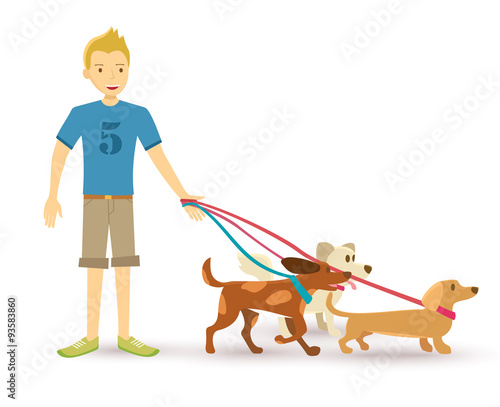 Happy teen walking with dog pet flat illustration