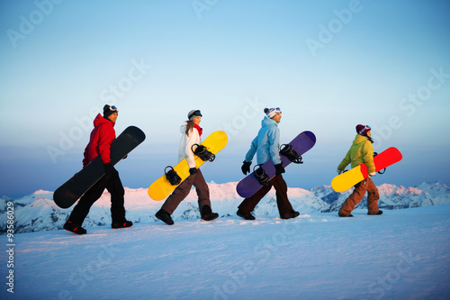 Group of Snowboarders Extreme Skiing Concept