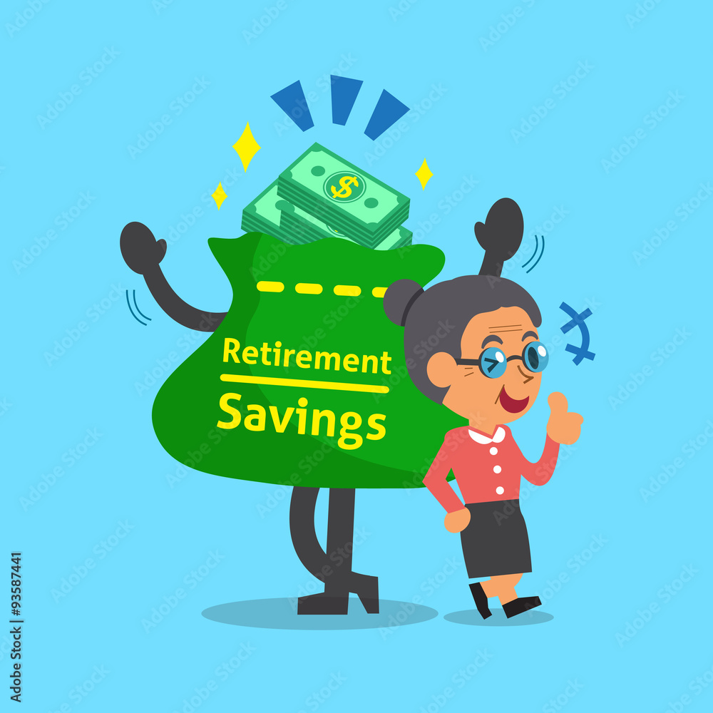 Naklejka premium Cartoon old woman with retirement savings bag and coins