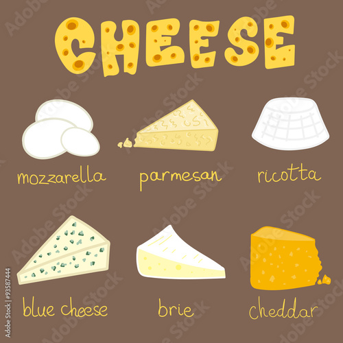 Hand drawn vector illustration of six types of cheese
