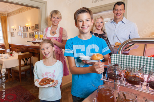 family breakfast in a hotel - breakfast buffet