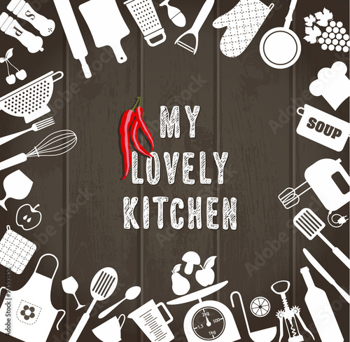 Kitchen set icon on wooden texture.