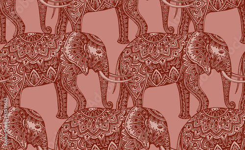 Seamless pattern with stylized ornamental elephants in Indian st