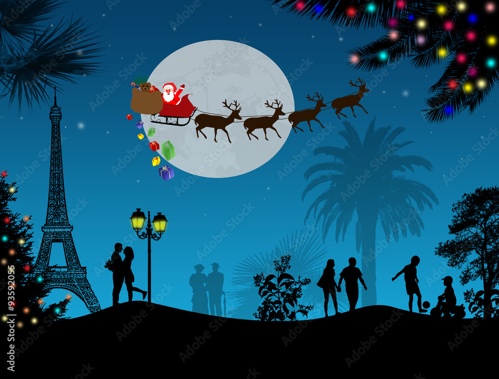 People at night in Paris with santa claus