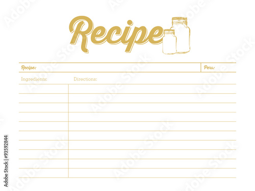 Golden colored recipe card with mason jar. Template. Vector design. 