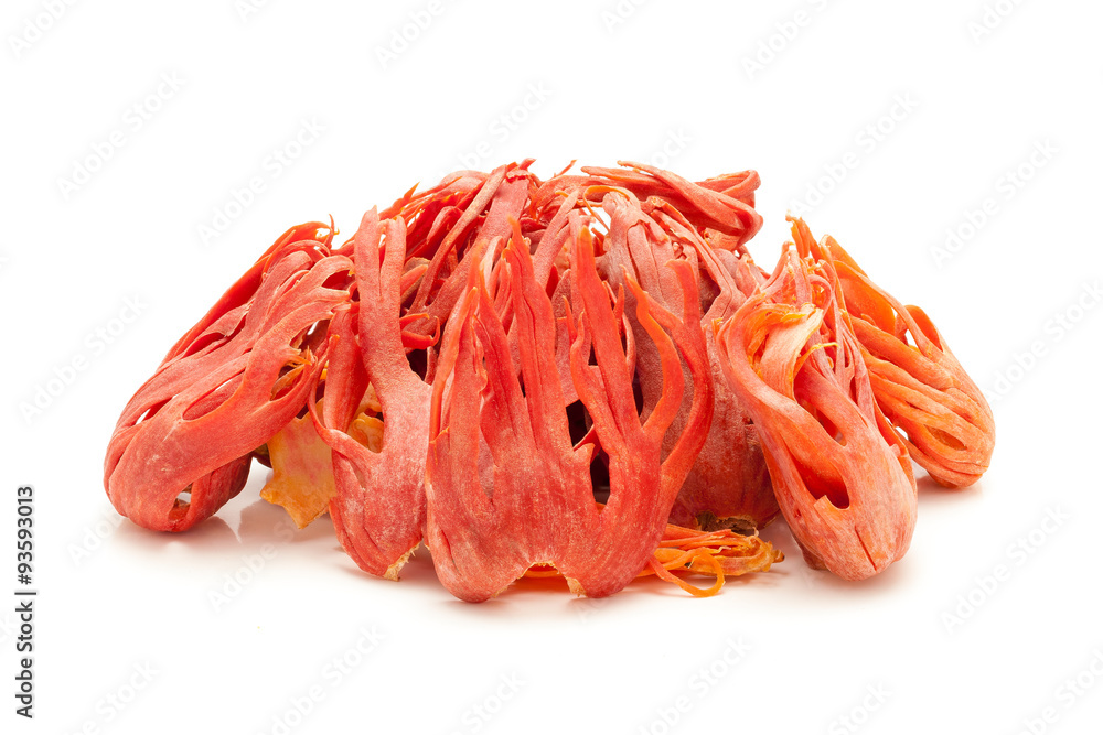 Pile of Organic Mace or jayitri (Myristica fragrans) isolated on white background. Pile of Organic Mace or jayitri (Myristica fragrans) isolated on white background.