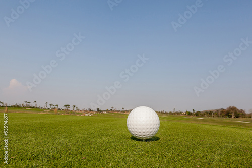 Golf ball on grass with the green background.
