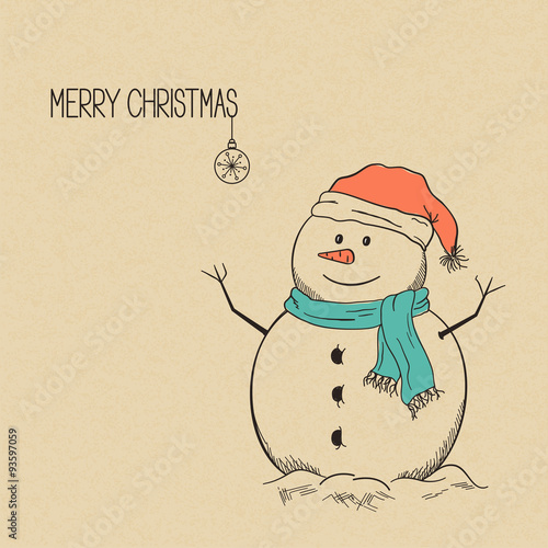 Cute hand drawn snowman over rough brown paper texture for Christmas and winter design