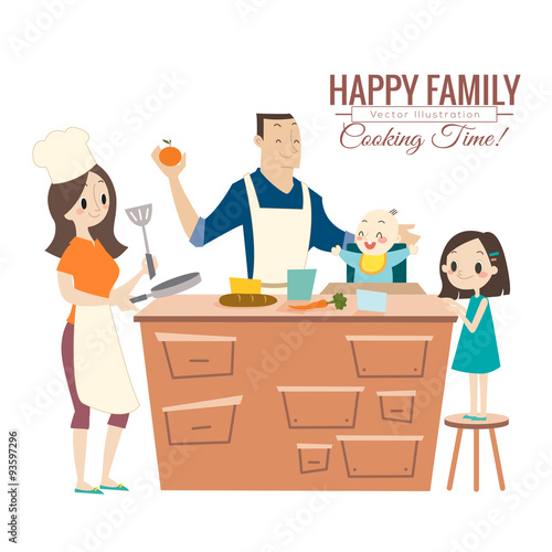 happy family with parents and children cooking in kitchen