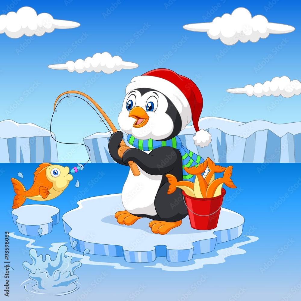 Fototapeta premium Cartoon penguin fishing on the ice 