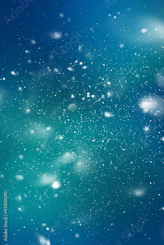 Snow Falling from Sky, Digital Drawing. Blue Turquoise Background