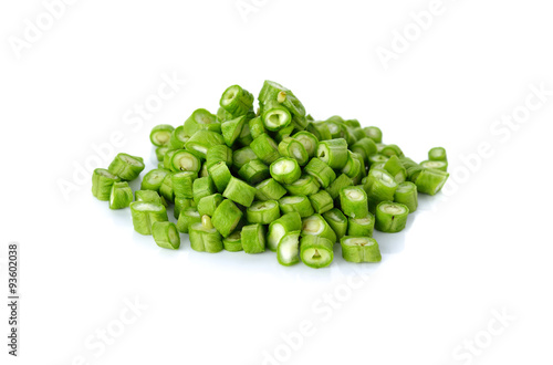 sliced yard long beans on white background