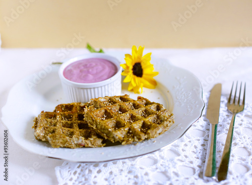 Apple and sweet potato waffles with sesame and blueberry dip photo