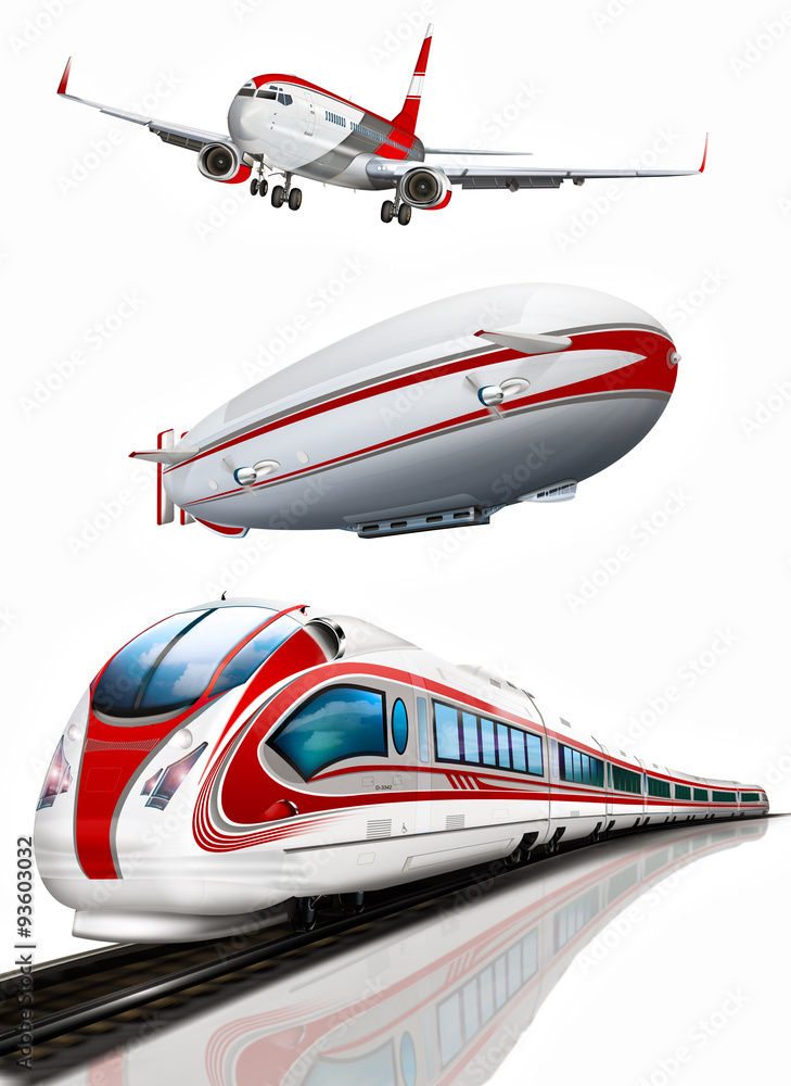 Schnellzug, Zeppelin und Flugzeug freigestellt