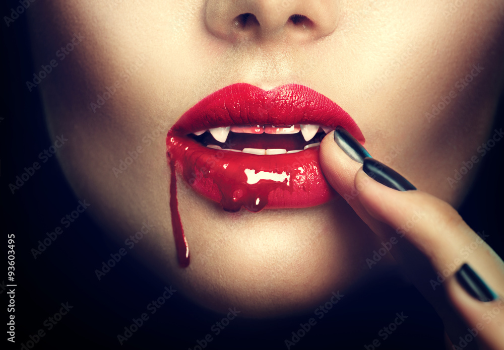 Halloween. Sexy vampire woman lips with blood - obrazy, fototapety, plakaty 