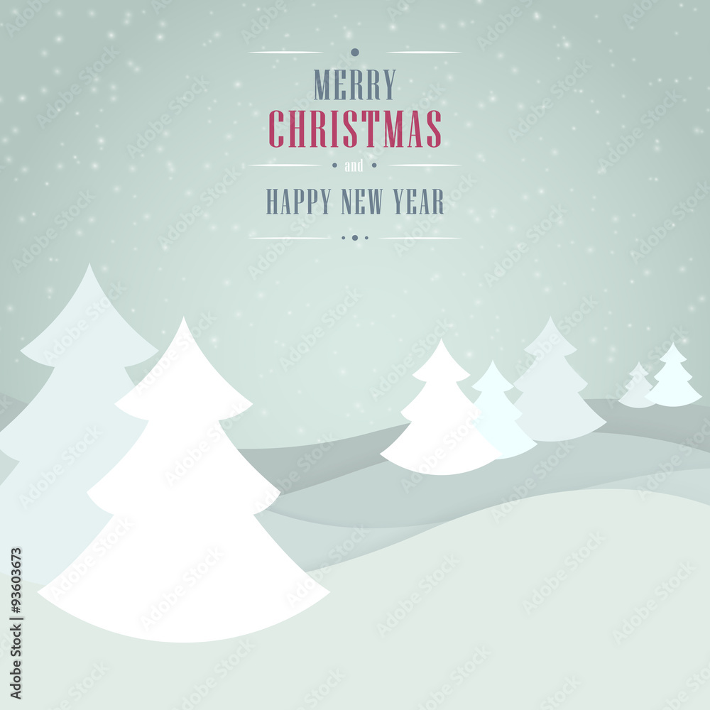 Christmas vector light gray blue background with trees, snowflakes and wishes