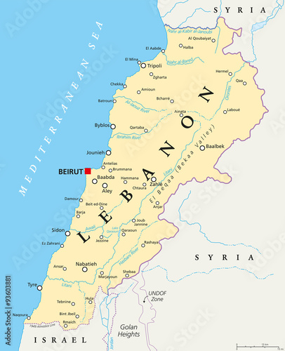 Lebanon political map with capital Beirut, national borders, important cities, rivers and lakes. English labeling and scaling. Illustration. photo