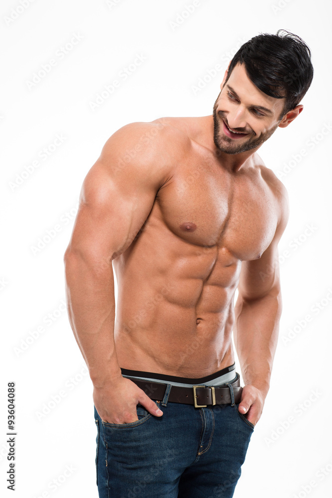 Happy muscular man looking away