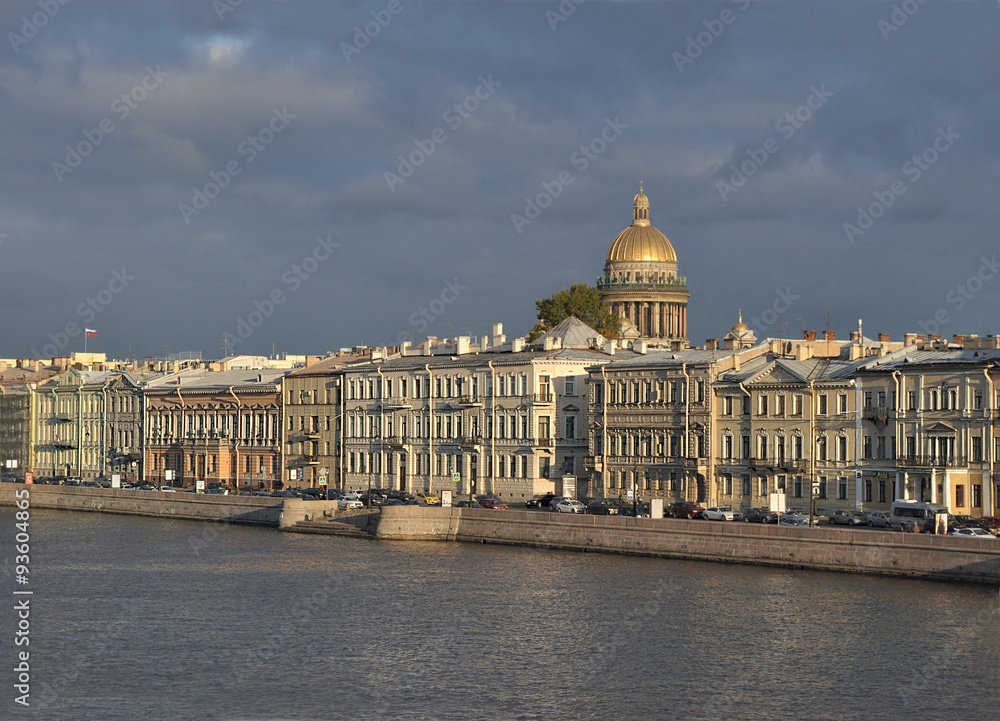 Evening in St. Petersburg. River Neva. View of a dome of St. Isaac's Cathedral.