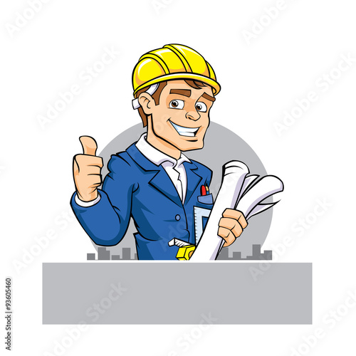 cartoon engineer holding tool and paper