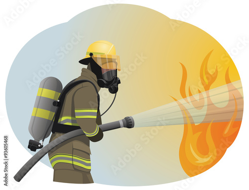 Fireman extinguishes the fire by spraying the water. He is clothed in a protective uniform.