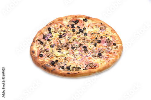 Pizza with ham, onion and olives