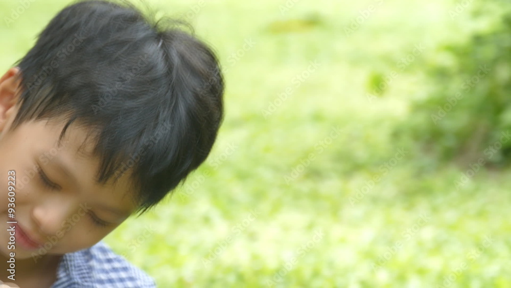 Young Asian boy blowing bubbles in garden
Young Asian boy blowing bubbles in garden