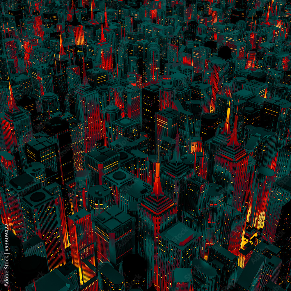 Obraz premium Night city glow cartoon / 3D render of night time city lit from streets below with cartoon style colouring