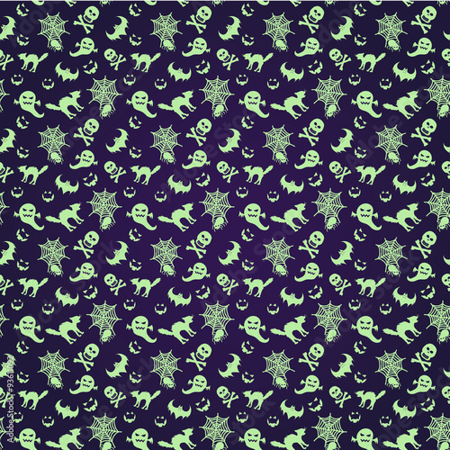 A Halloween seamless pattern in green luminous and dark blue background.