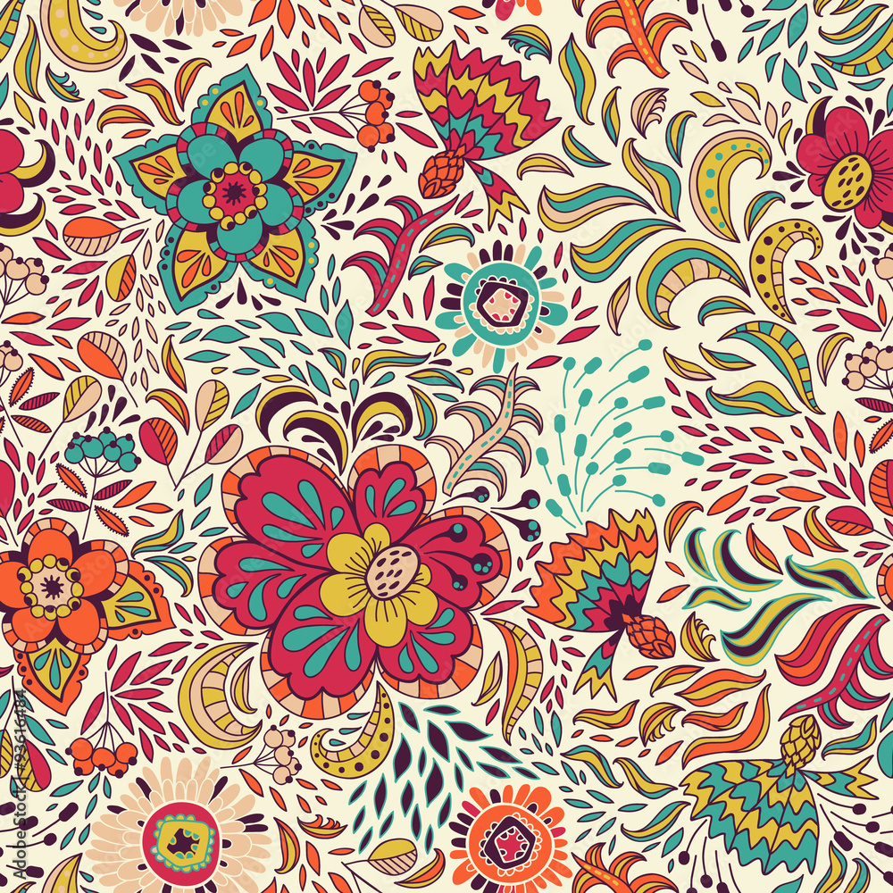 Vector seamless pattern in colored abstract flowers and berries