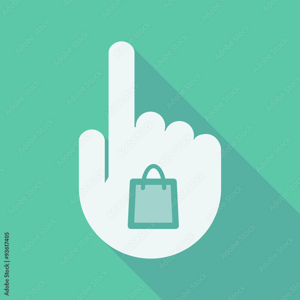 Long shadow pointing finger hand with a shopping bag Long shadow pointing finger hand with a shopping bag