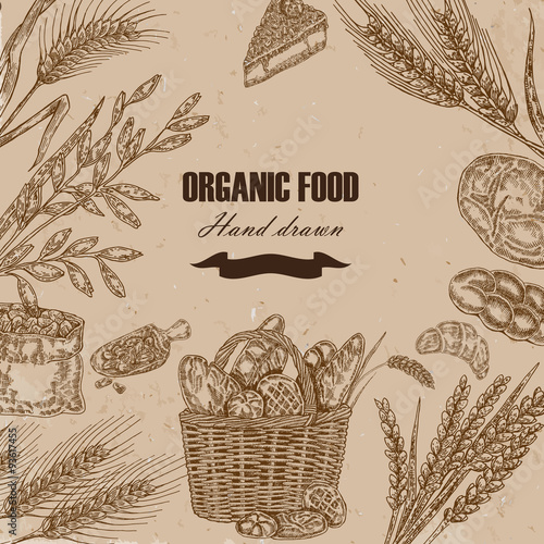 Bread design template. Hand drawn wheat set. Vector illustration