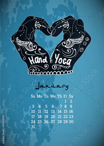 Calendar item with yoga mudra hands and drawing mehendi. 