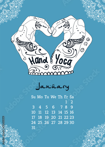 Calendar item with yoga mudra hands and drawing mehendi. 