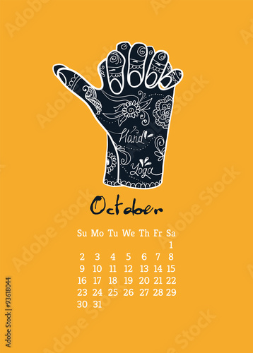 Calendar item with yoga mudra hands and drawing mehendi. 