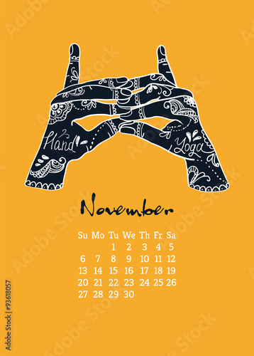 Calendar item with yoga mudra hands and drawing mehendi. 