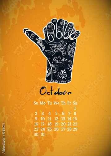 Calendar item with yoga mudra hands and drawing mehendi. 