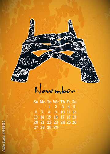 Calendar item with yoga mudra hands and drawing mehendi. 