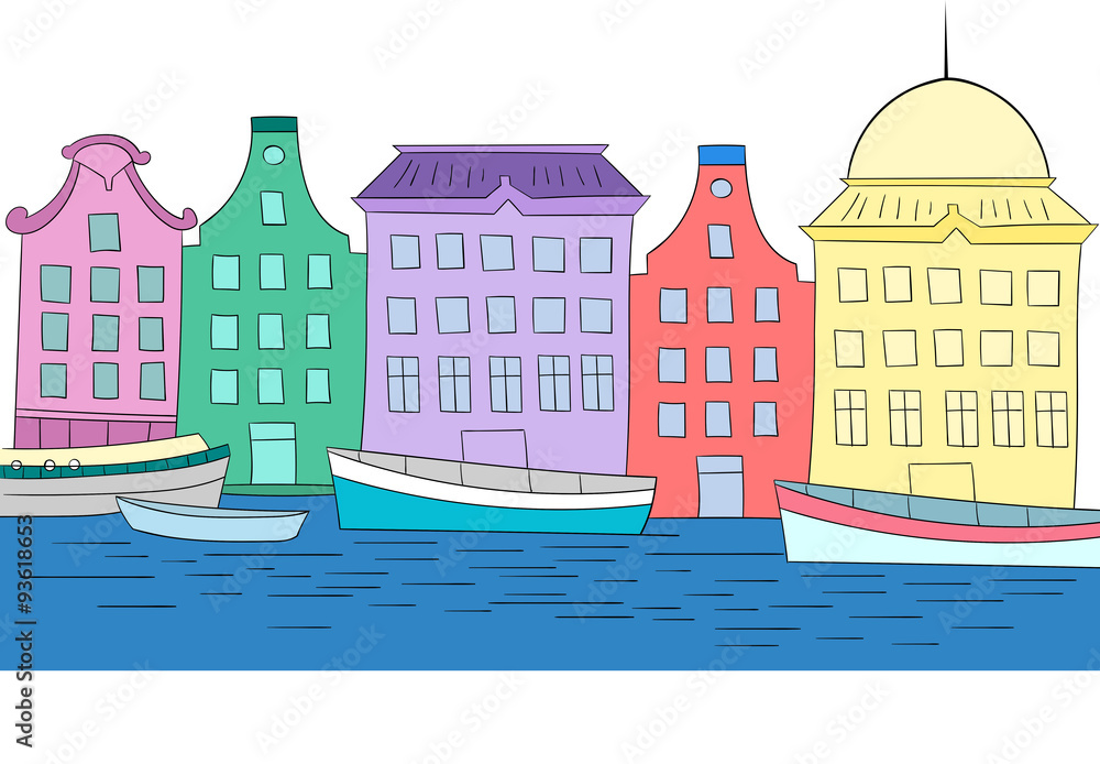 Houses on channel vector color illustration