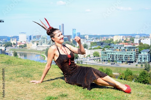 Beautiful girl in Vilnius town on Gediminas castle hill