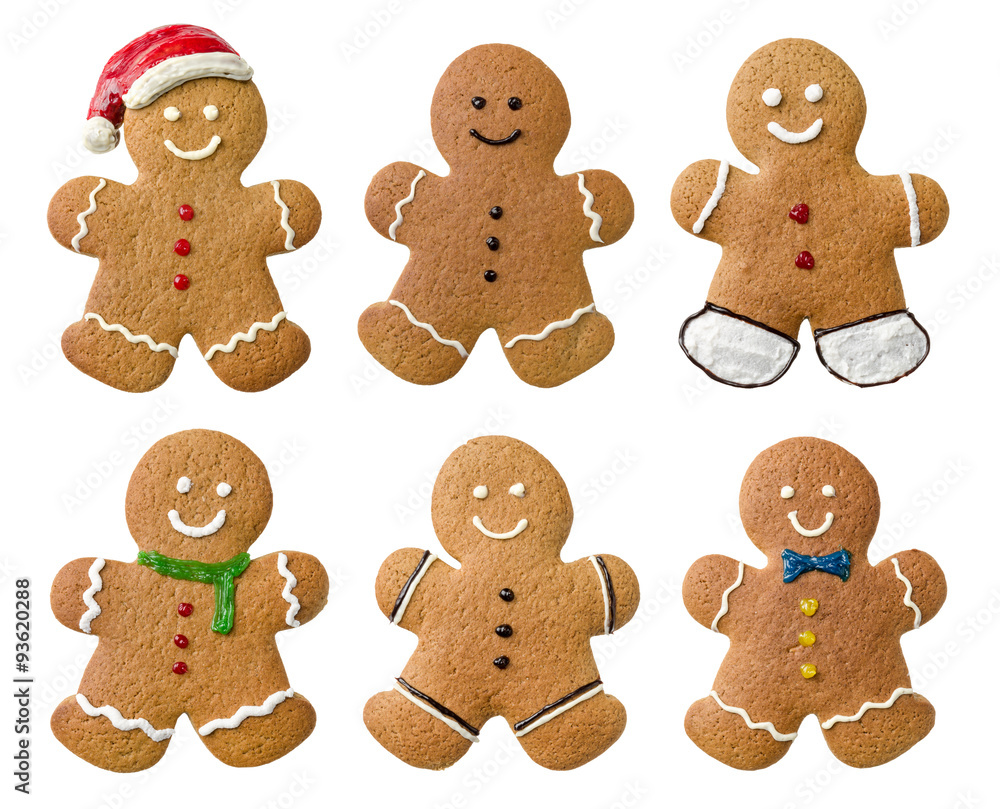 Kollektion unterschiedlicher Lebkuchenmännchen vor einem weiße Stock
