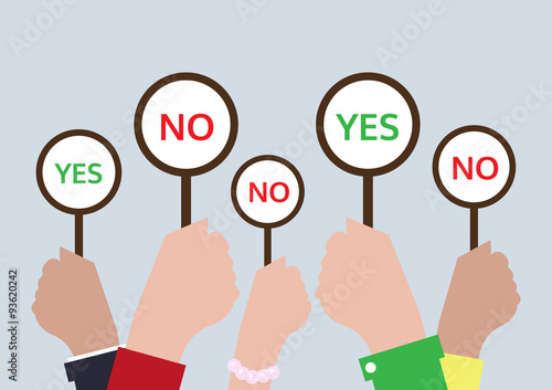 flat design with hand raised with yes sign and no sign, business