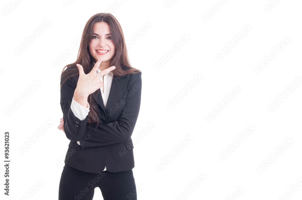 Young business female showing number three with fingers Young business female showing number three with fingers