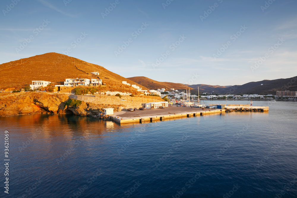 View of Kythnos from a ferry arriving to the port of the island.
