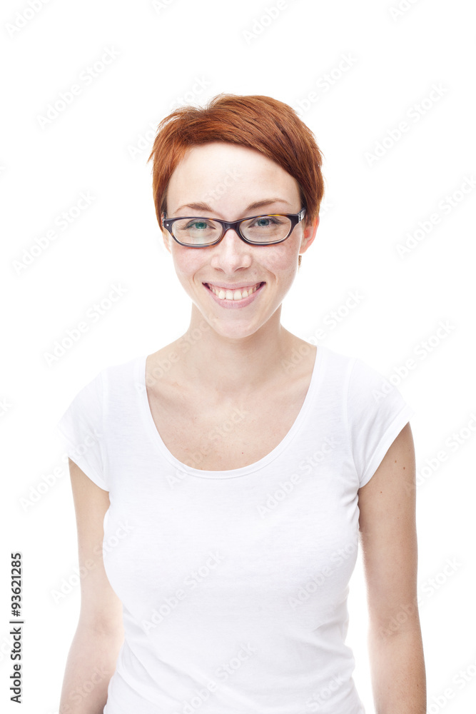 Smiling red head woman on white background